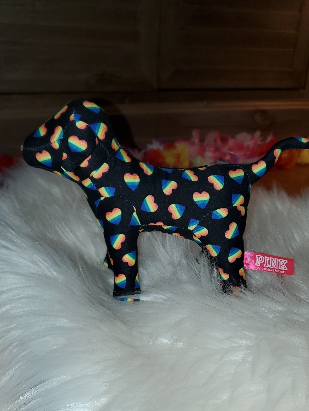PINK Victoria's Secret Black Plush Dog with Rainbow Heart Pattern